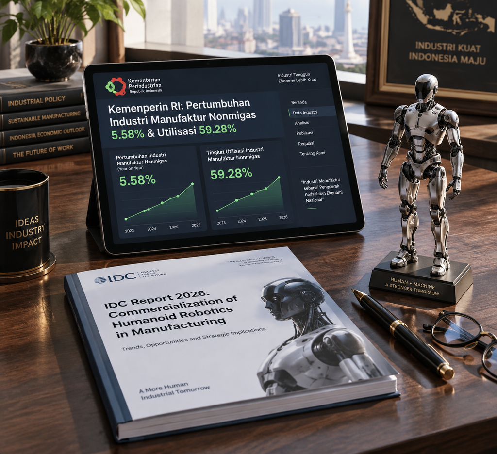 Tablet menampilkan data pertumbuhan industri pengolahan nonmigas 5,58 persen dan laporan riset robotik IDC 2026.