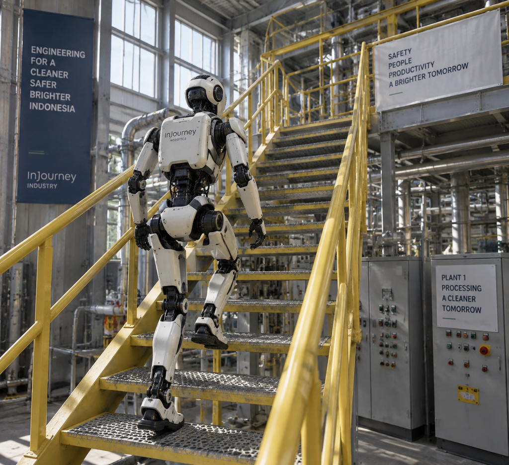 Robot humanoid menaiki tangga baja industri mezanin membuktikan adaptasi pada tata letak pabrik manusiawi.