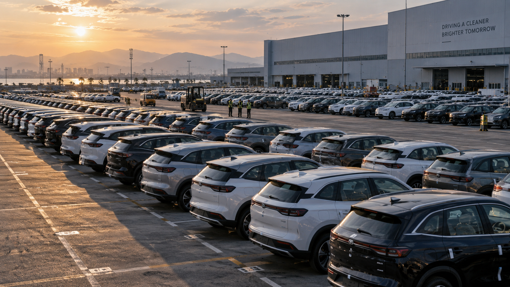 BYD Resmikan Pabrik Subang, Kapasitas 150.000 Unit per Tahun 13 Jajaran mobil energi baru yang siap didistribusikan dari area logistik Pabrik BYD Subang.