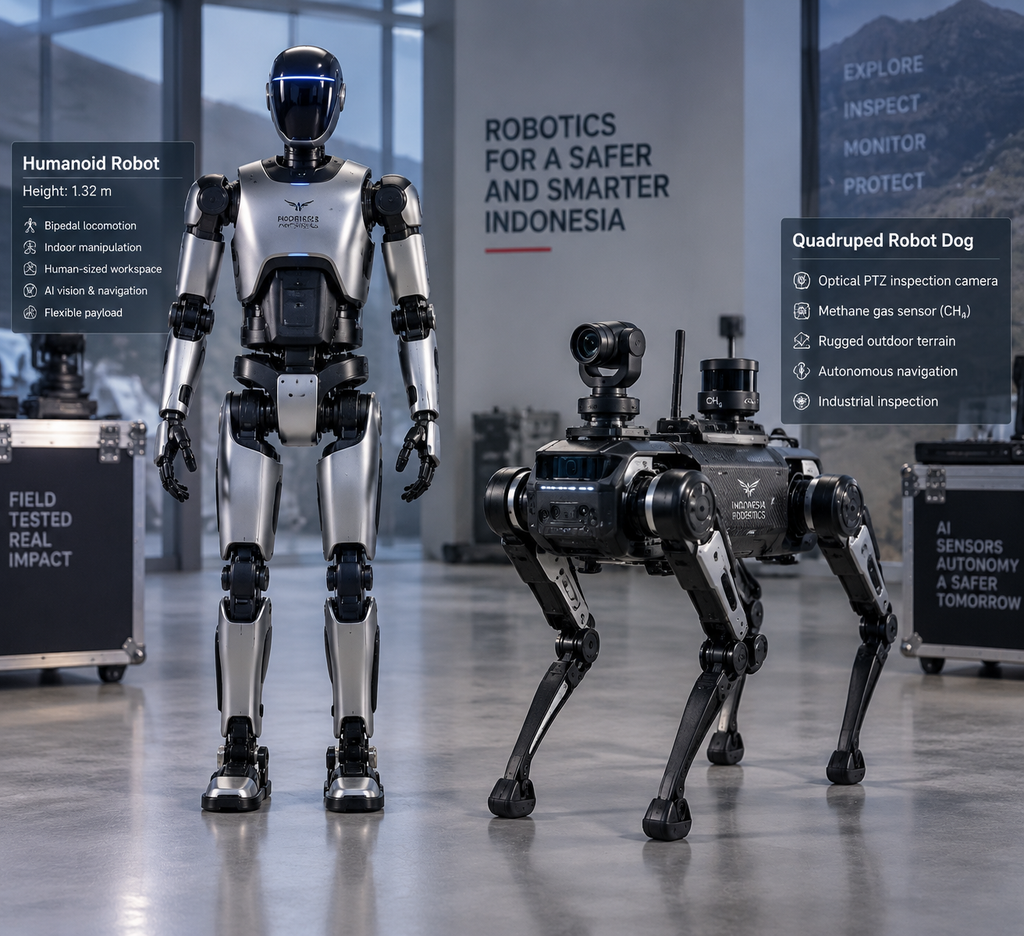 Perbandingan berdampingan antara robot humanoid berkaki dua dan robot anjing quadruped berkaki empat di area uji coba pabrik.