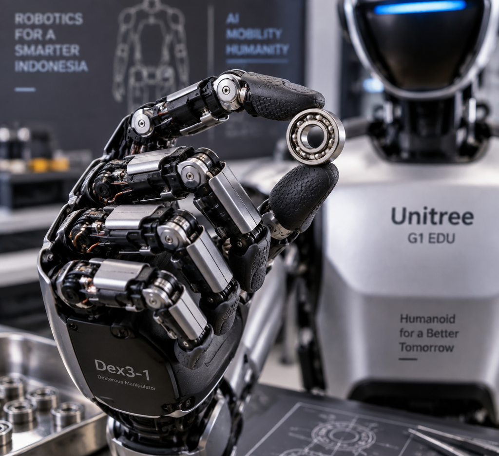 Detail tangan mekanis lima jari presisi tinggi varian Unitree G1 EDU Ultimate untuk manipulasi objek pabrik.