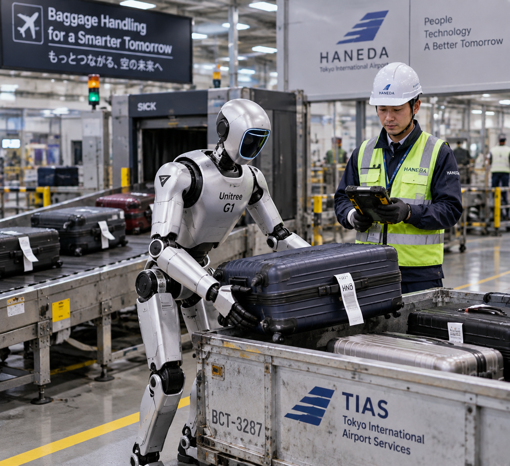 Robot humanoid Unitree G1 membantu operasional pemindahan kargo bagasi penumpang di area penanganan bandara.