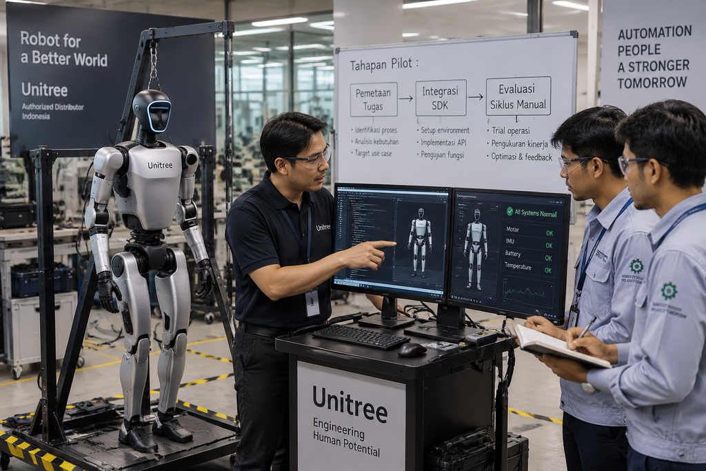 Pelatihan teknis integrasi SDK robot humanoid oleh distributor resmi Halo Robotics kepada insinyur manufaktur pabrik.