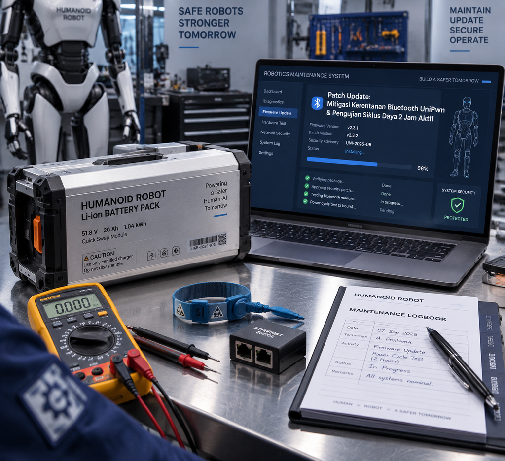 Modul baterai litium dan laptop pengujian keamanan firmware siber untuk evaluasi operasional robot humanoid.