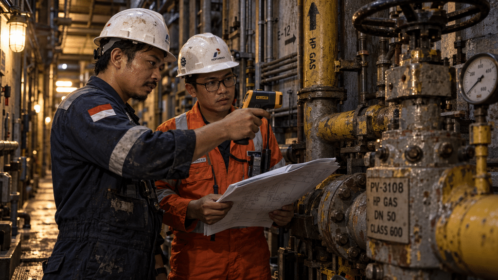 PMI Manufaktur RI Ternyata Naik ke 52,4, Ekspor Terkuat Sejak Mei 2022 17 Dua teknisi pabrik memeriksa panel listrik dan katup pipa gas industri untuk memitigasi kendala operasional rantai pasok.