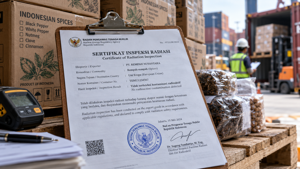 Akhirnya Fase Darurat Cesium-137 Cikande Selesai, 11 Warga Dipantau 16 Tampilan dokumen sertifikasi bebas radiasi dari KKP dan BPOM yang ditempelkan pada kontainer pengiriman komoditas ekspor.