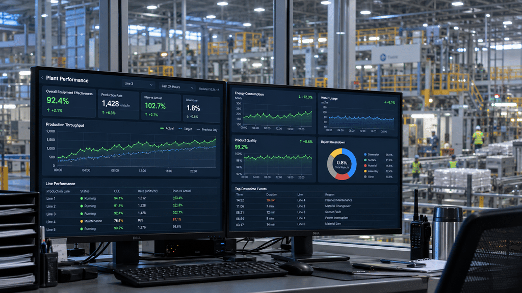 PMI Manufaktur RI Ternyata Naik ke 52,4, Ekspor Terkuat Sejak Mei 2022 14 Monitor terminal analitik data industri di ruang kendali pabrik yang memuat ringkasan matriks PMI Manufaktur September 2026.