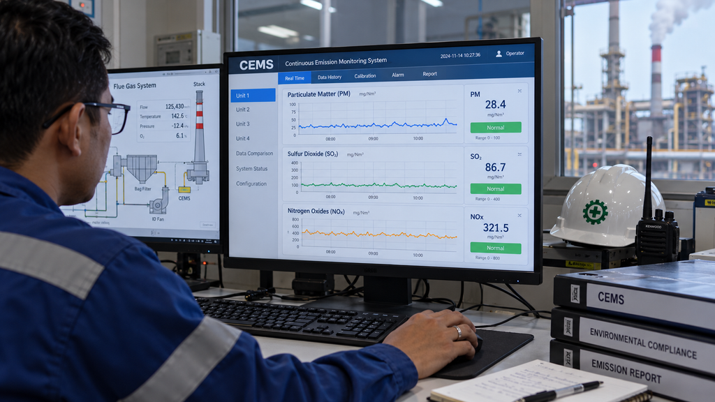 Akhirnya Fase Darurat Cesium-137 Cikande Selesai, 11 Warga Dipantau 18 Layar monitor CEMS (Continuous Emission Monitoring System) di ruang kendali pabrik yang memantau tingkat partikel debu dan emisi udara.