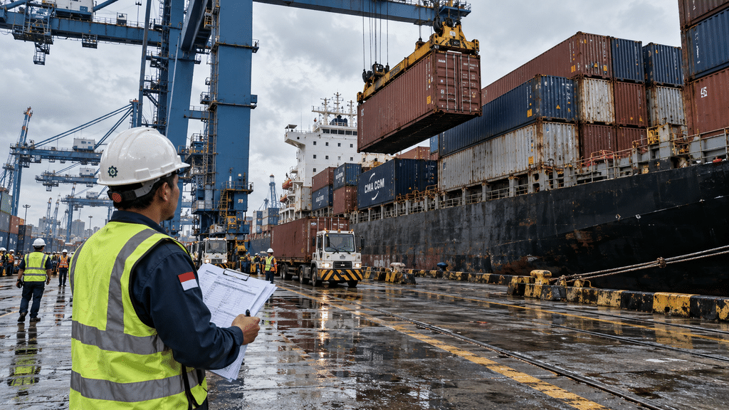 PMI Manufaktur RI Ternyata Naik ke 52,4, Ekspor Terkuat Sejak Mei 2022 15 Aktivitas pemuatan kontainer ekspor manufaktur Indonesia di dermaga pelabuhan logistik Tanjung Priok.