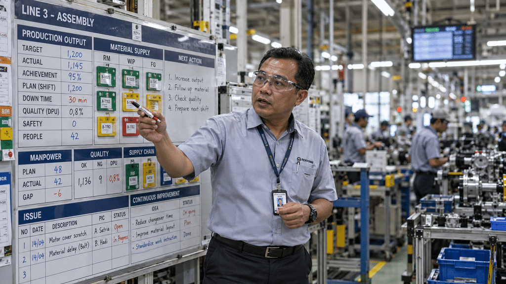 PMI Manufaktur RI Ternyata Naik ke 52,4, Ekspor Terkuat Sejak Mei 2022 18 Manajer pabrik meninjau papan Kanban fisik dan matriks indikator kinerja utama di samping lini manufaktur.