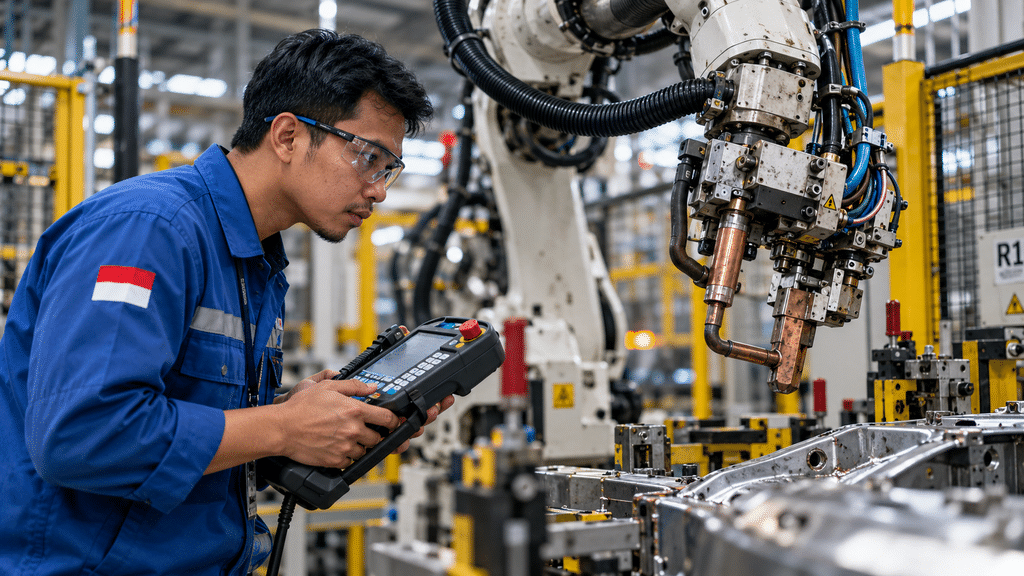 PMI Manufaktur RI Ternyata Naik ke 52,4, Ekspor Terkuat Sejak Mei 2022 21 Kepala teknisi mesin melakukan kalibrasi lengan robot industri di pabrik untuk mengatasi lonjakan permintaan dan backlog pesanan.